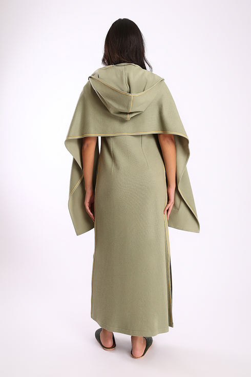 Hooded shawl in cotton blend faux cashmere with 2 patch pockets